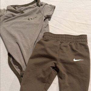 Nike Kids Olive Striped Bodysuit and Brown Joggers